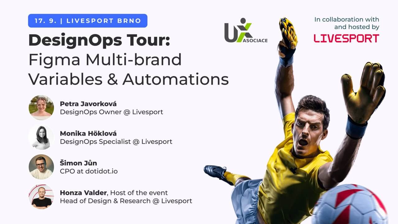 DesignOps Tour poster: Figma Multi-brand Variables & Automations at Livesport Brno, with Petra Javorková, Monika Höklová, Šimon Jůn and Honza Valder